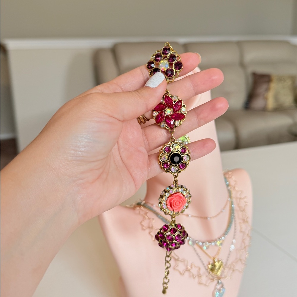 Gold-Tone Pink Crystal Floral Link Bracelet - Picture 5 of 7